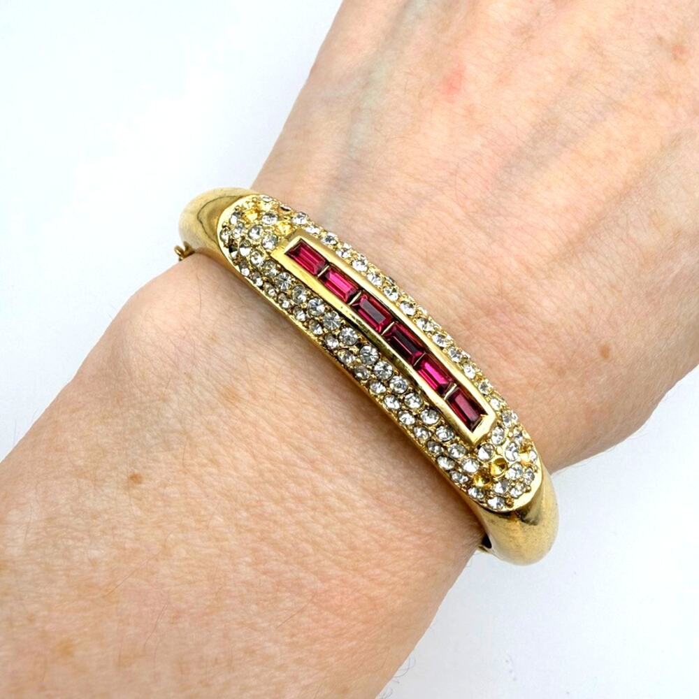 VTG CHRISTIAN DIOR Bracelet Bangle Ruby Red Pave White Crystals Gold Plated
